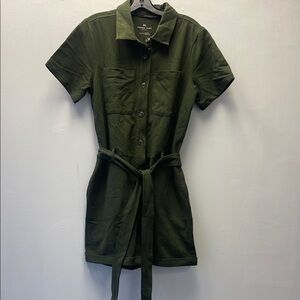 Andrew Marc Olive Green Knit Short Sleeve Romper with Button